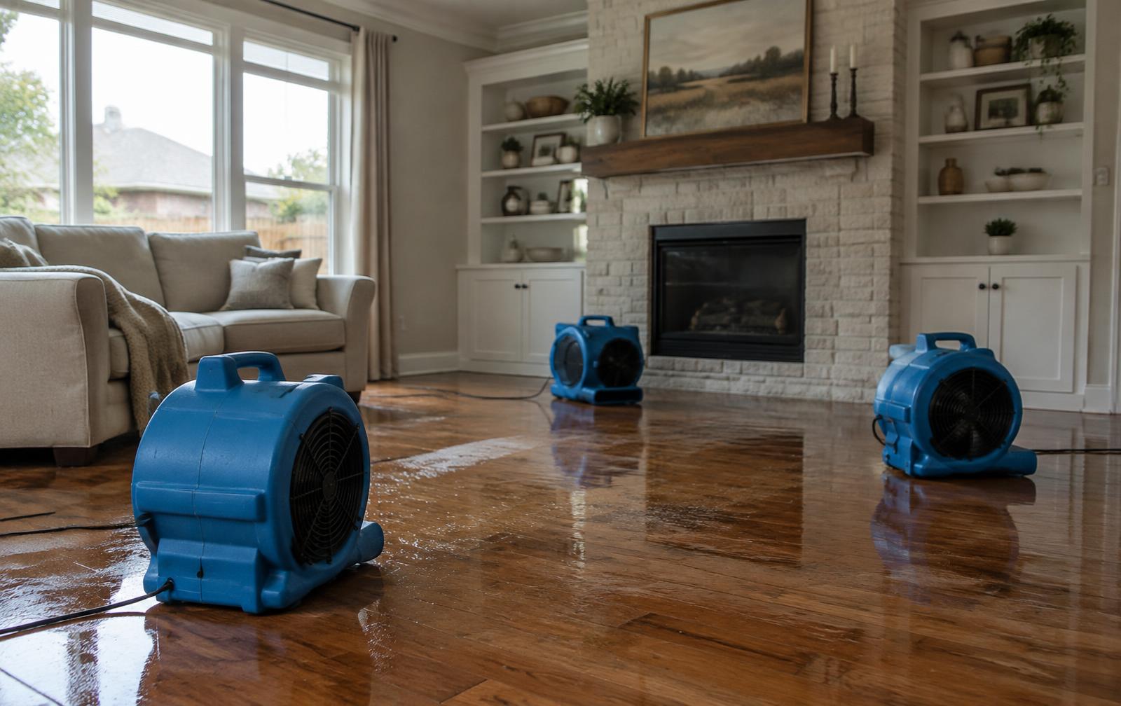 Air movers drying a wet hardwood floor in a living room